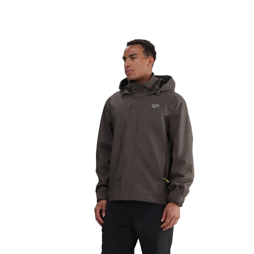Person wearing a brown hooded Hi-Tec Orati Waterproof jacket on a white background