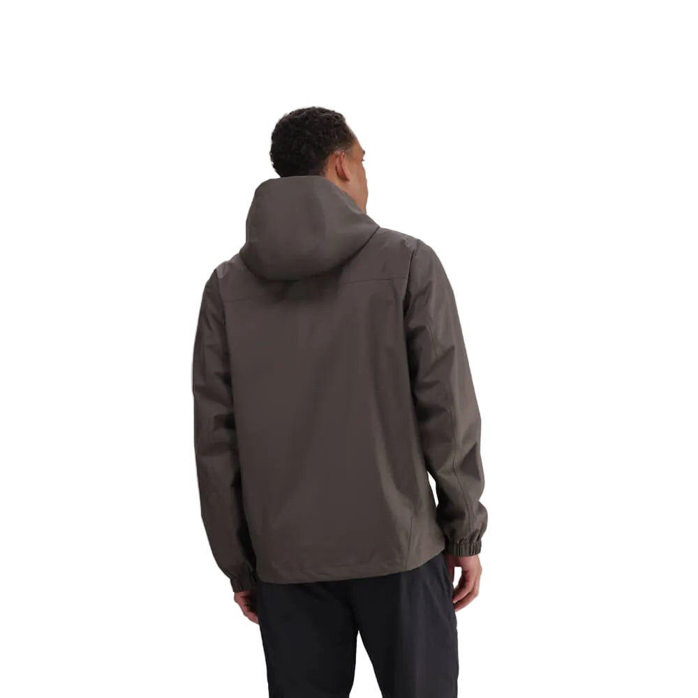 Person wearing a brown hooded Hi-Tec Orati Waterproof jacket on a white background